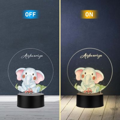 Personalized Baby Elephant Photo Frame with Warm White Light & Plastic Black Base Nursery Night Light Birthday Return Gift Kids Room Bedside Desk Table Lamp